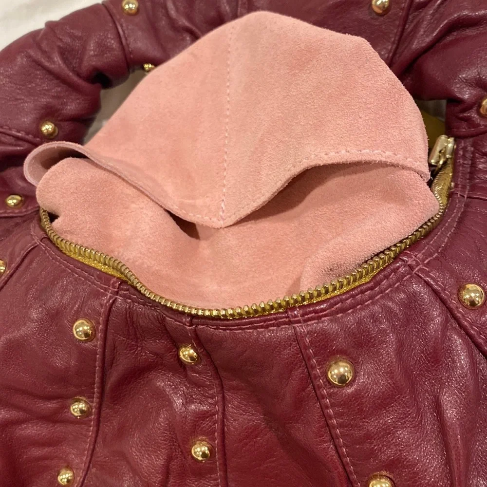 GOLDENBLEU burgundy leather purse 👛 semi circular bag with gold tone stud over